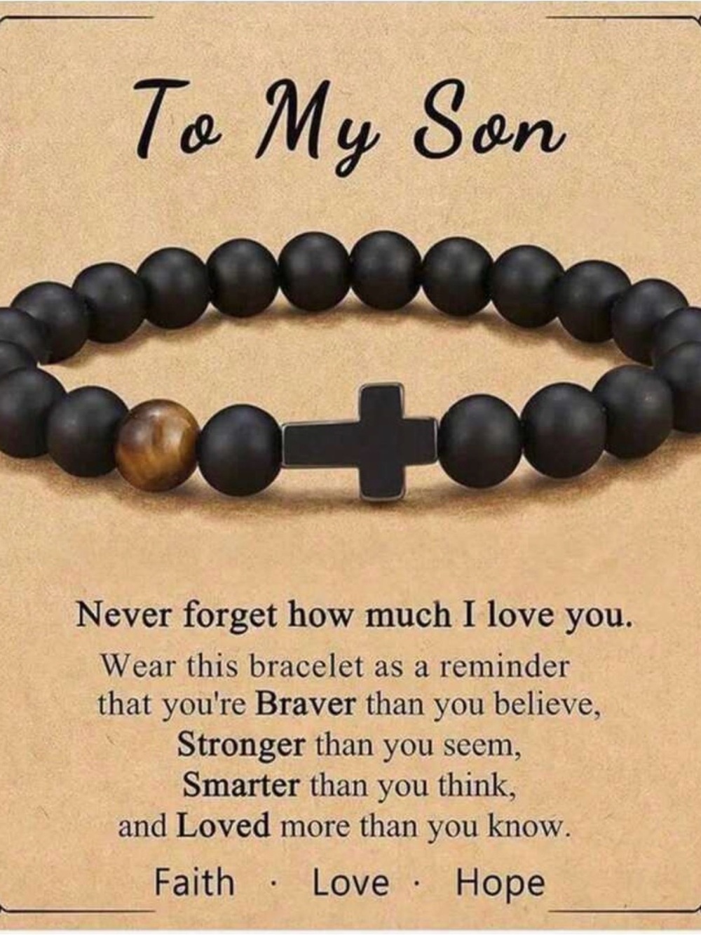 To My Son Matte Black natural stone Bead Bracelet with Brown Accent